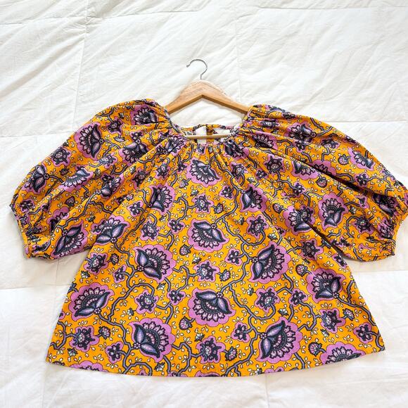 NWOT Rhode Rowan Top Blouse Gold Lotus Print Puff Sleeve 100% Cotton Size XS - Picture 5 of 8